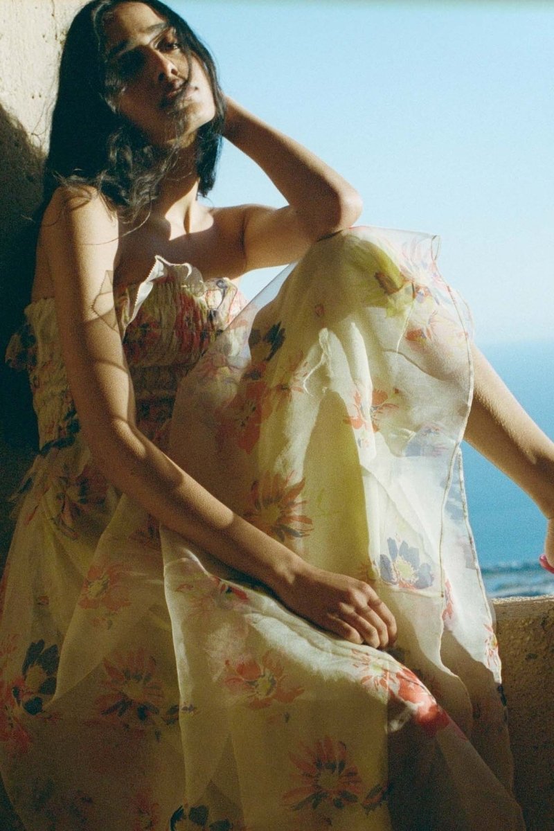 Vestido largo con volantes fruncidos y estampado de Alberta 