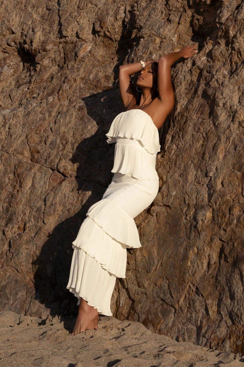 Vestido largo escalonado con volantes Alexia 