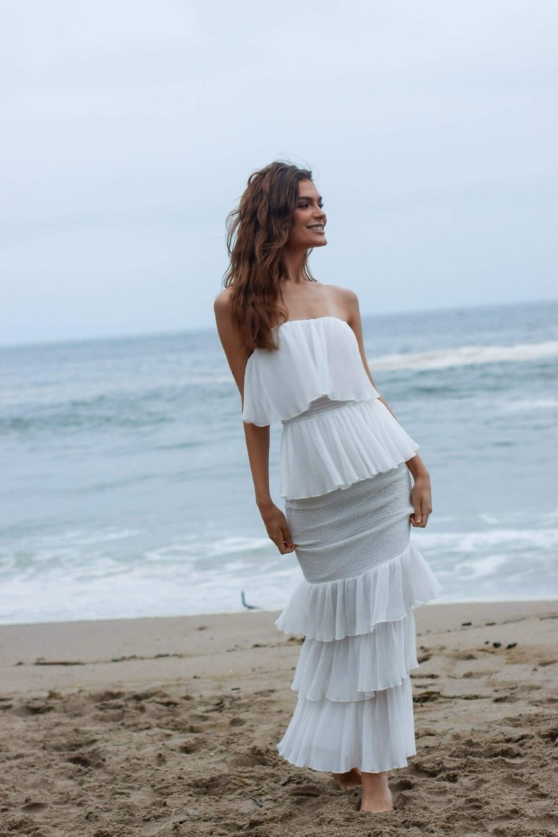 Vestido largo escalonado con volantes Alexia 