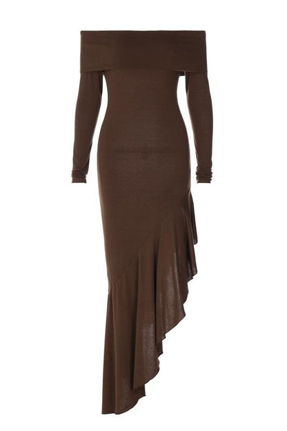 Vestido midi de punto acampanado con hombros descubiertos de Alisa 