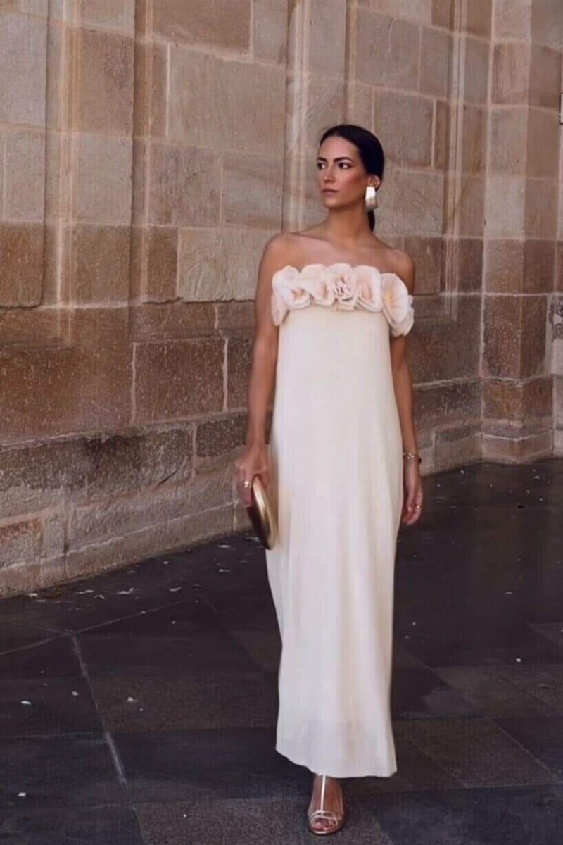 Vestido largo sin tirantes de punto floral Alva 