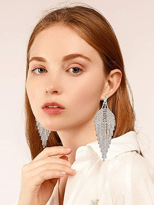 1 Pair Mecresh Silver Rhinestone Crystal Bridal Chandelier Long Tassels Dangle Leaf Earrings for Wedding Party Evening Date for Women