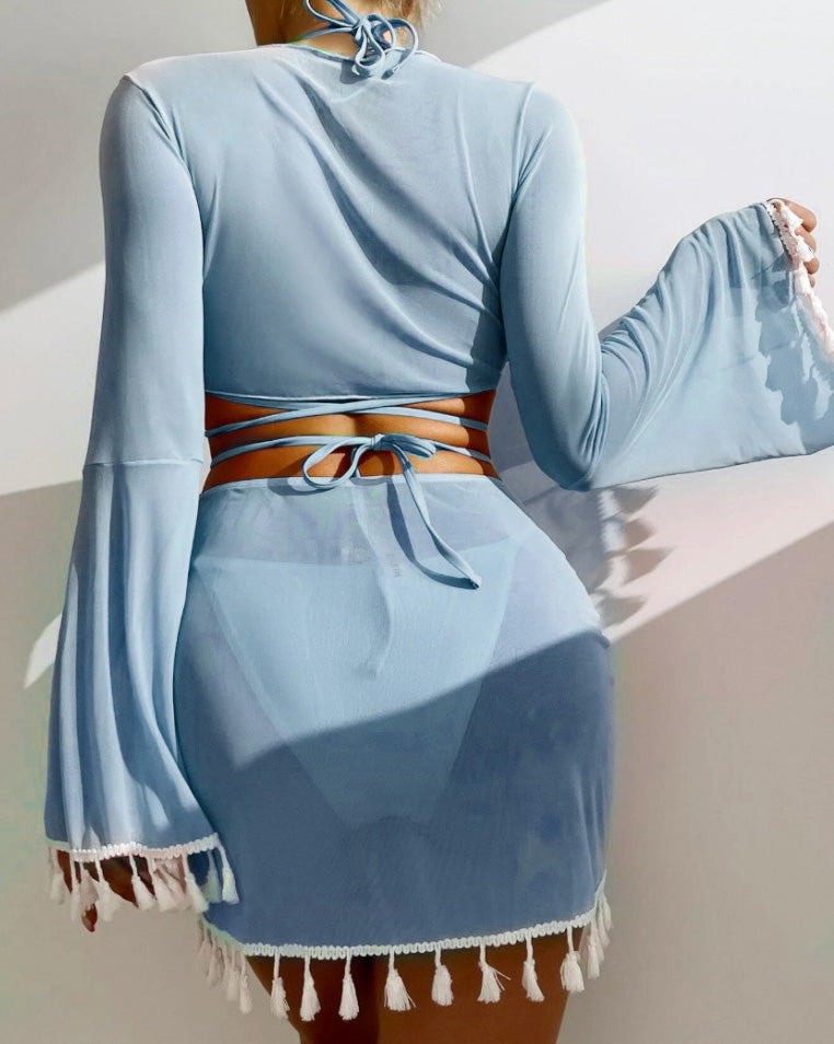 Tassel Cover-up Mesh Miniskirt Bikini