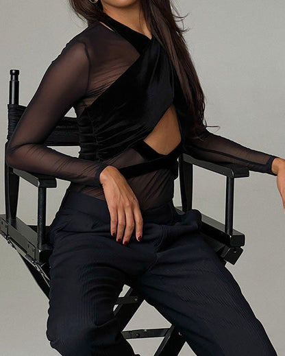 Mesh Velvet Patchwork Cross-Cut Tight Long-Sleeved Jumpsuit