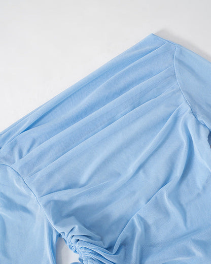 Solid Color Long Sleeve One Shoulder Mesh Splicing Top