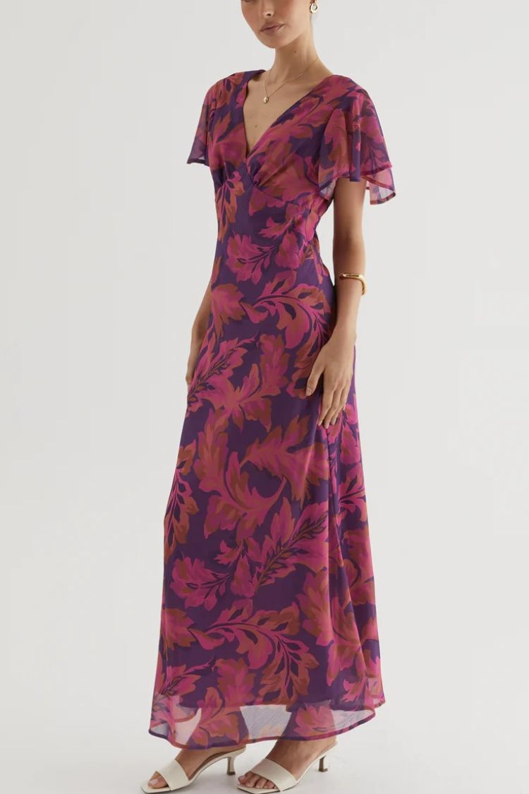 Abstract Print Short Sleeve Belted Wrap Midi Dress