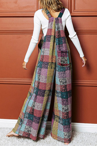 Mono de pernera ancha plisado con bolsillos a cuadros cepillados