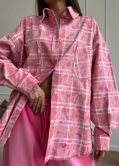 Rowena - Distressed Pink Plaid Oversized Shirt