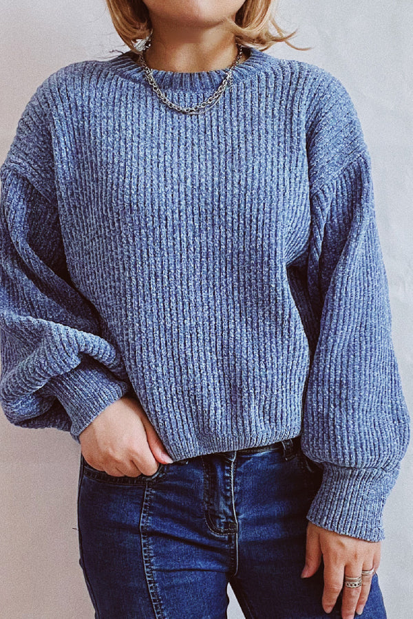 Solid Color Casual Round Neck Lantern Sleeve Short Knitted Sweater