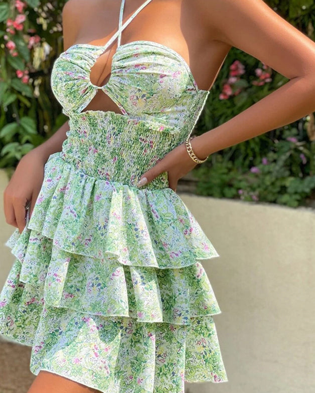Floral Print Strapless Lace-up Cutout Mini Dress