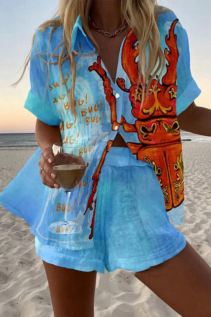 Conjunto de pantalones cortos holgados con cintura elástica y botones con estampado de escarabajo