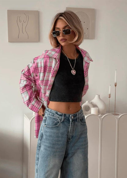 Aubrey - Pink Plaid Snap-Front Oversized Shirt