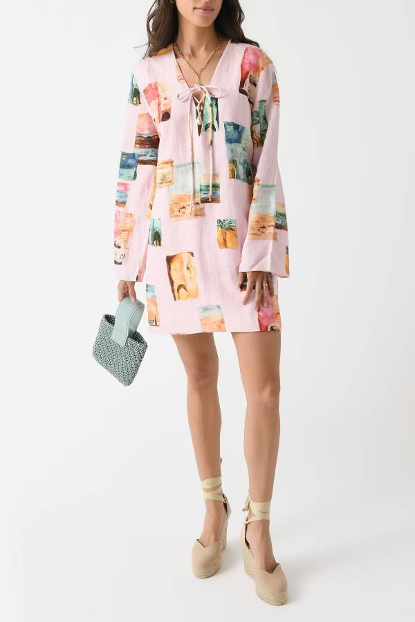 Coastal Cove Linen Blend Unique Print Tie-up Neck Long Sleeve Loose Mini Dress
