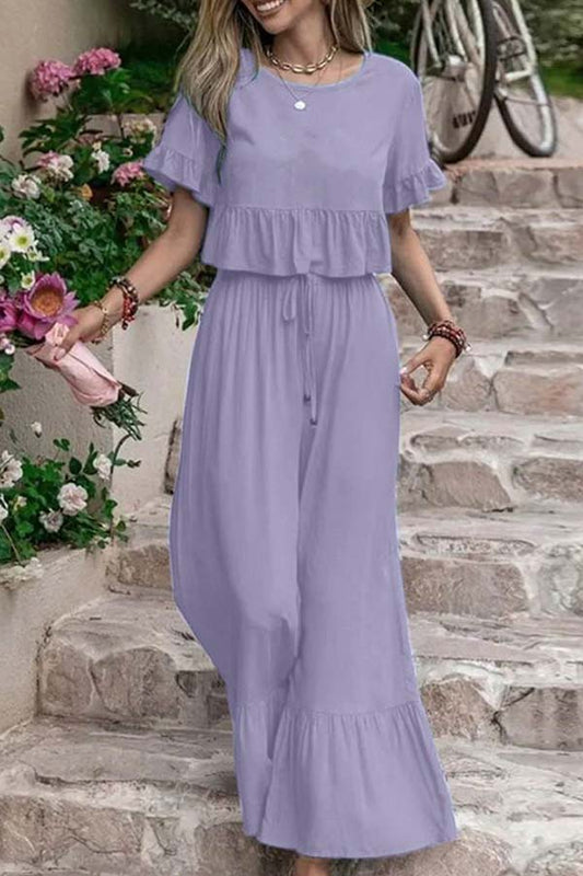 Conjunto de dos piezas de pantalón ancho de manga corta de color liso holgado informal