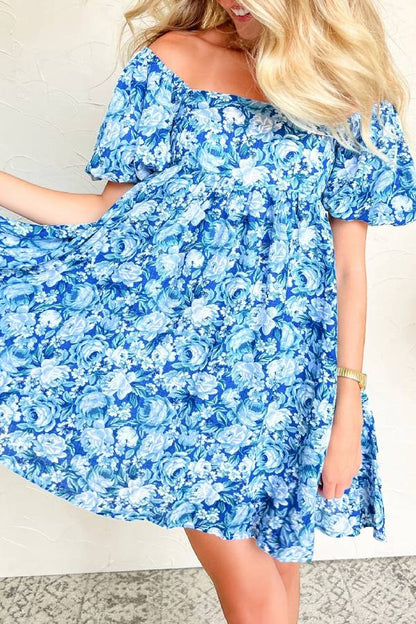 Blue Floral Puff Sleeve Babydoll Mini Dress