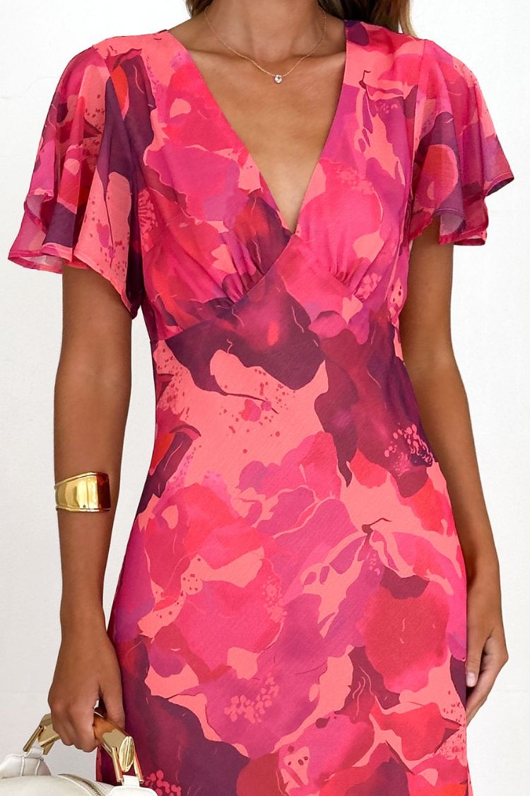 Abstract Print Short Sleeve Belted Wrap Midi Dress