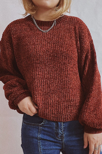 Solid Color Casual Round Neck Lantern Sleeve Short Knitted Sweater