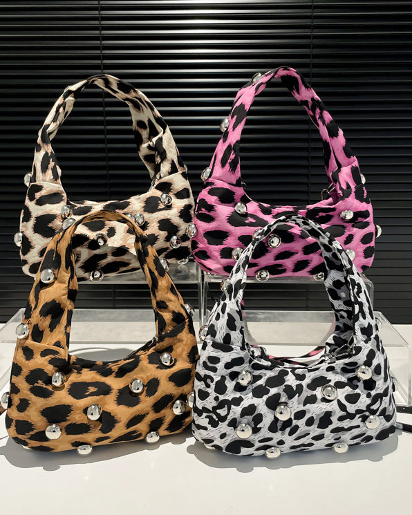 Leopard Print Retro Punk Style Studded Shoulder Bag