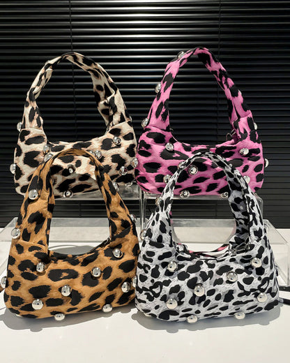 Leopard Print Retro Punk Style Studded Shoulder Bag
