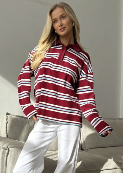 Striped Cotton Polo Long Sleeve Top - Casual Loose Fit