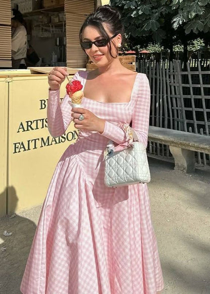 Pink Gingham Long Sleeve Midi Dress – Vintage Square Neck Fit and Flare