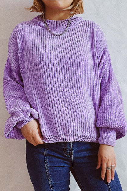 Solid Color Casual Round Neck Lantern Sleeve Short Knitted Sweater
