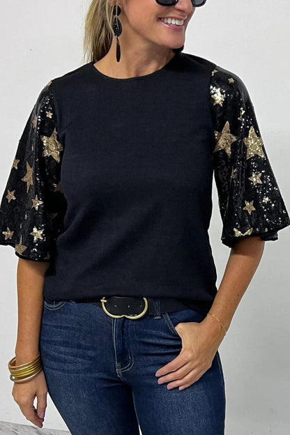 Blusa de media manga con parche de lentejuelas y estrellas negras 