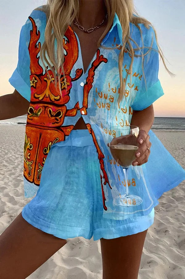 Conjunto de pantalones cortos holgados con cintura elástica y botones con estampado de escarabajo