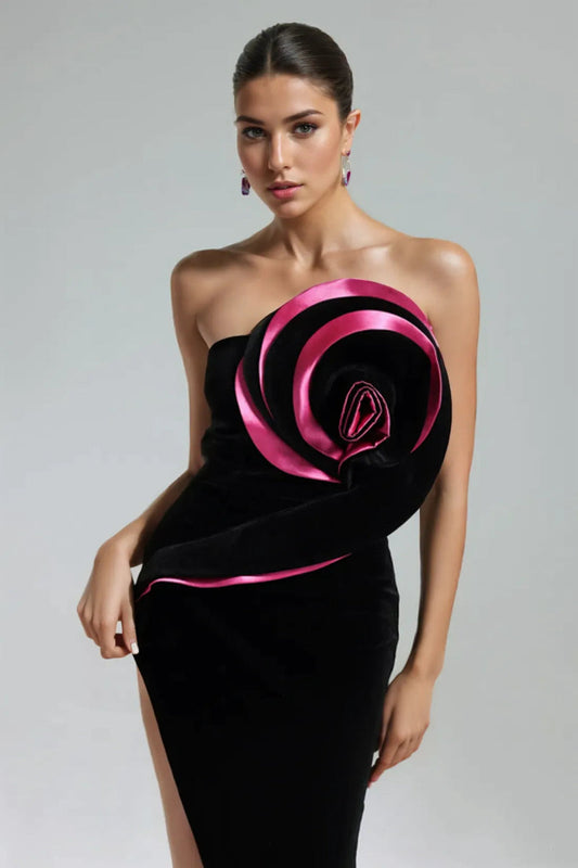 Vestido largo asimétrico con flores de terciopelo Barbara 