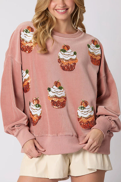 Sudadera holgada de cuello redondo con lentejuelas y diseño de pastel de calabaza navideño