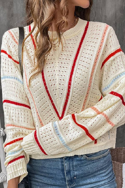 Apricot Striped Crew Neck Pullover Knit Sweater