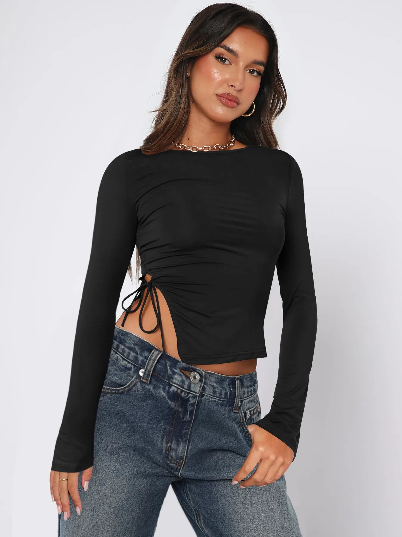 Sleek Black Drawstring Top - Effortless Chic