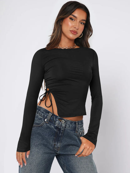 Sleek Black Drawstring Top - Effortless Chic