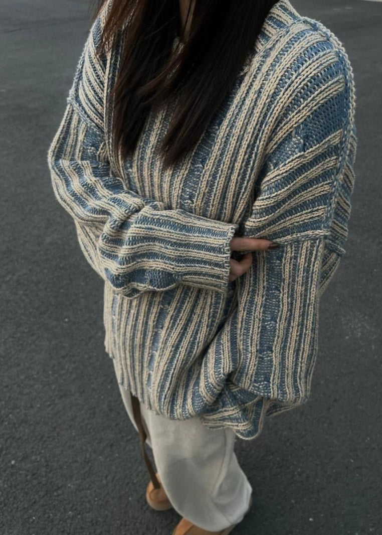 Striped Knit Oversized Sweater - Cozy Long Sleeve Pullover