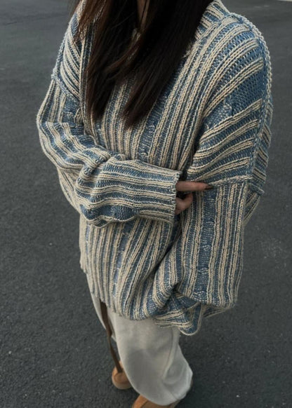 Striped Knit Oversized Sweater - Cozy Long Sleeve Pullover