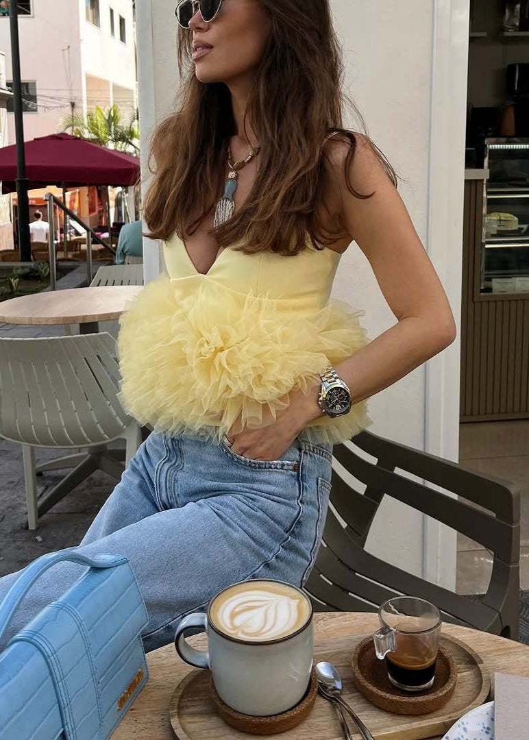 Limoncello Ruffle Peplum Top – V-Neck Tulle Cami Blouse