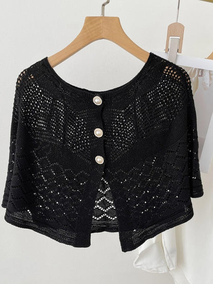 Solid Color Knitted Hollow Shawl Summer Air-conditioned Elegant Vest with Pearl Button Cape Sunscreen Fake Collar for Women