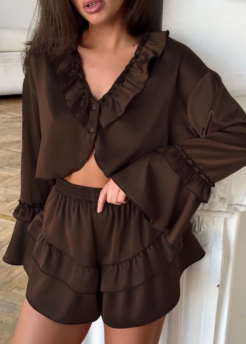 Ruffle Trim Long Sleeve Top and Shorts Set