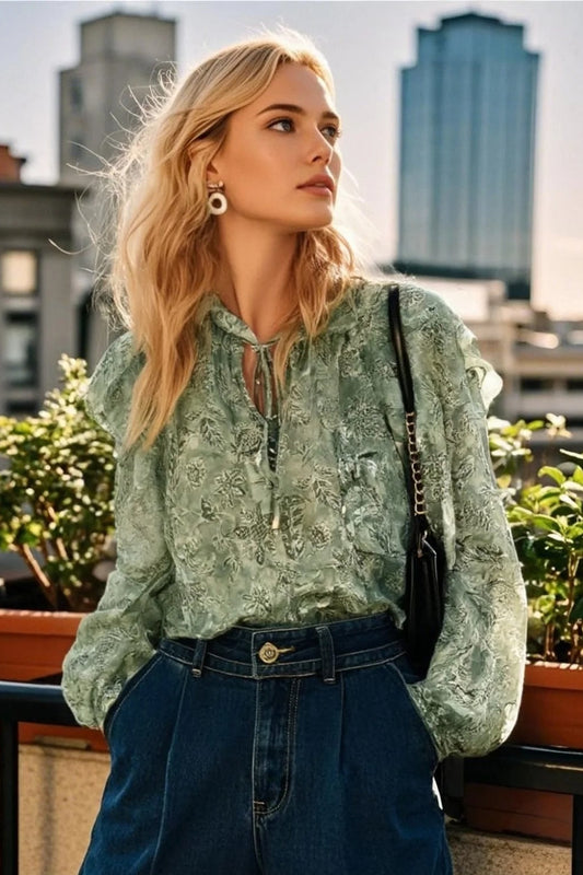 High Neck Ruffled Floral Blouse