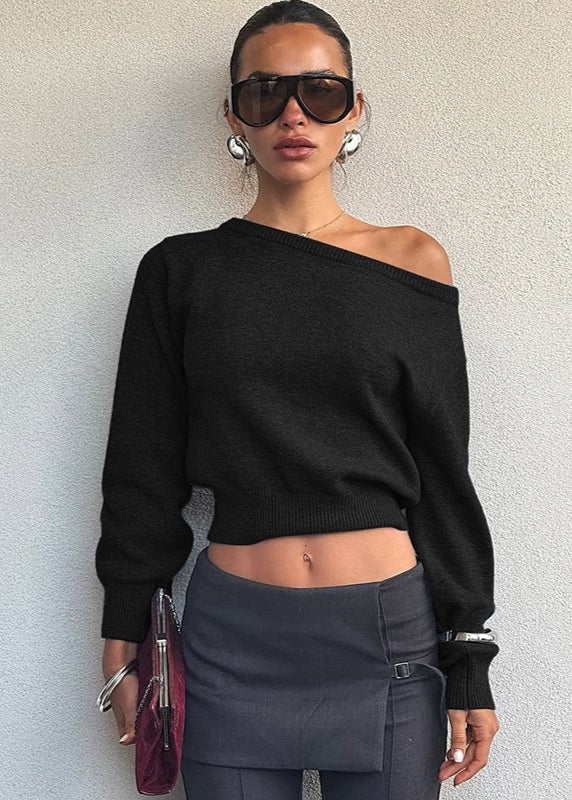 Off-Shoulder Cropped Knit Sweater – Minimalist Elegance