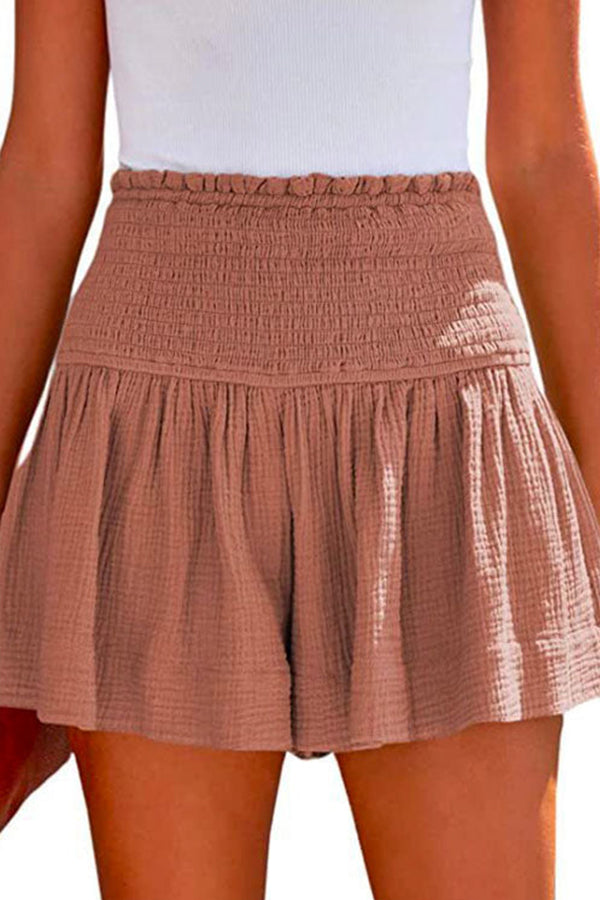 Elastic Smocked Waist Wide Leg Solid Shorts