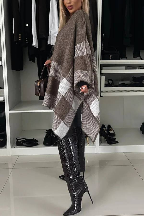 Calm and Elegant Knit Plaid Color Block Batwing Sleeve Loose Poncho