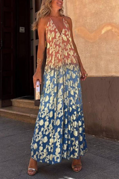 Vestido largo Bianca con cuello halter, corte A y estampado floral dorado degradado con efecto tie-dye