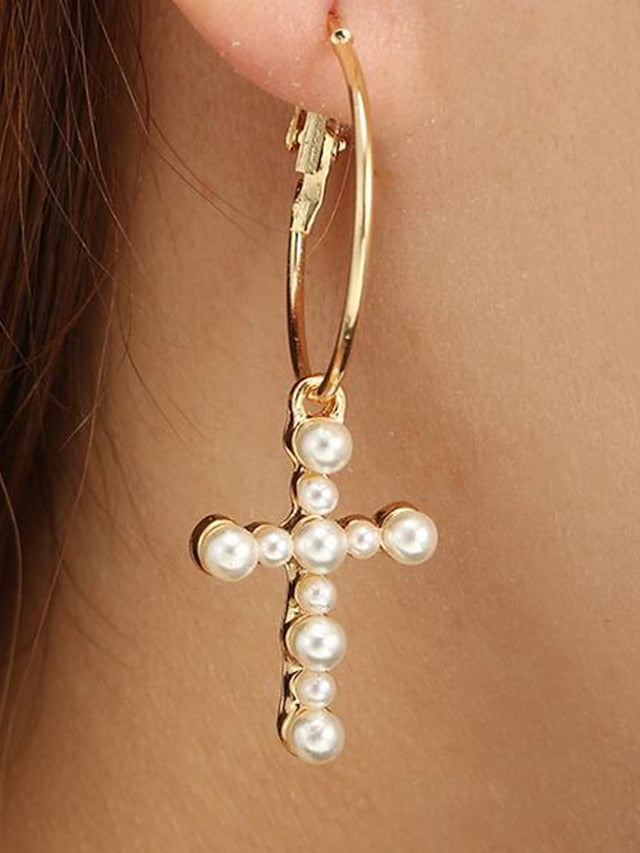 1 Pair Drop Earrings For Wedding Street Imitation Pearl Alloy Classic Cross Fashion for Women