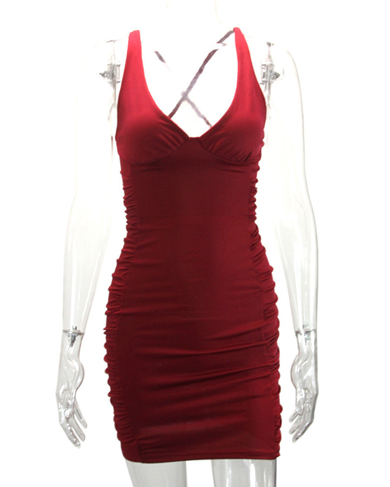 V-Neck Open Back Pleated Hip Dress