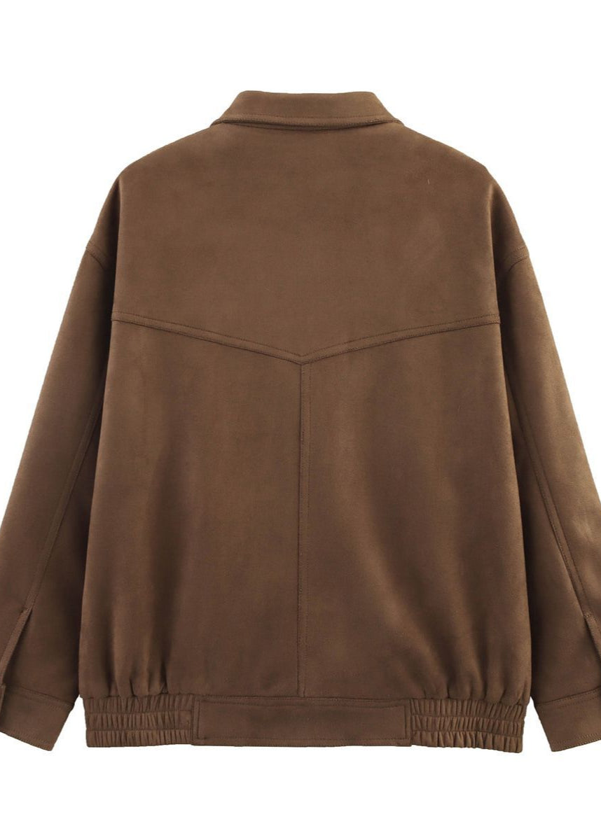 Suede-Effect Oversized Jacket with Front Pockets – Brown
