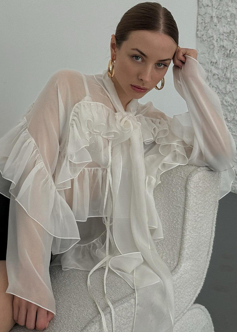 Sierra - Sheer Ruffle Tie-Front Blouse