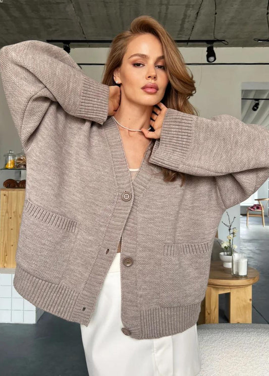 Oversized Knit Button Cardigan - Women’s Long Sleeve V-Neck Sweater