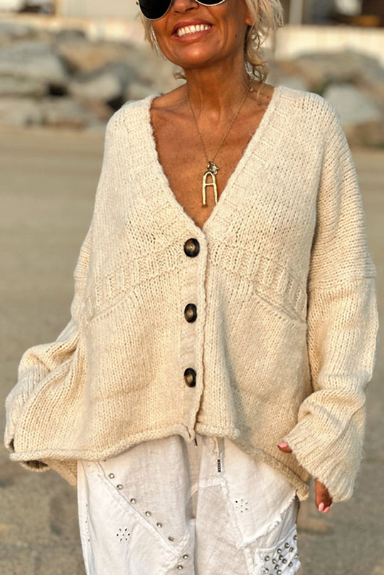 Suéter tipo cárdigan de punto con cuello en V, manga larga, holgado y de color liso con bolsillos