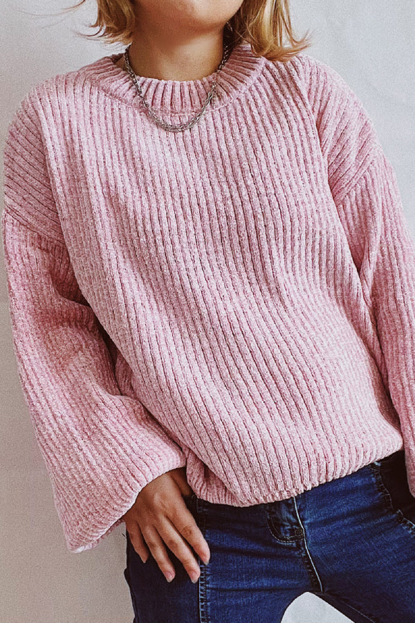 Solid Color Casual Round Neck Lantern Sleeve Short Knitted Sweater